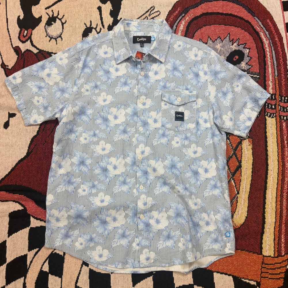 Cookies SF Mens XL Blue White Floral Striped Short Sleeve Button Down Shirt NWT